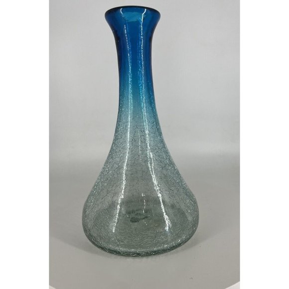 CRACKLE GLASS  Decanter Wine Carafe Flower Vase Blue Turquoise And Clear 10”Tall - Picture 2 of 7